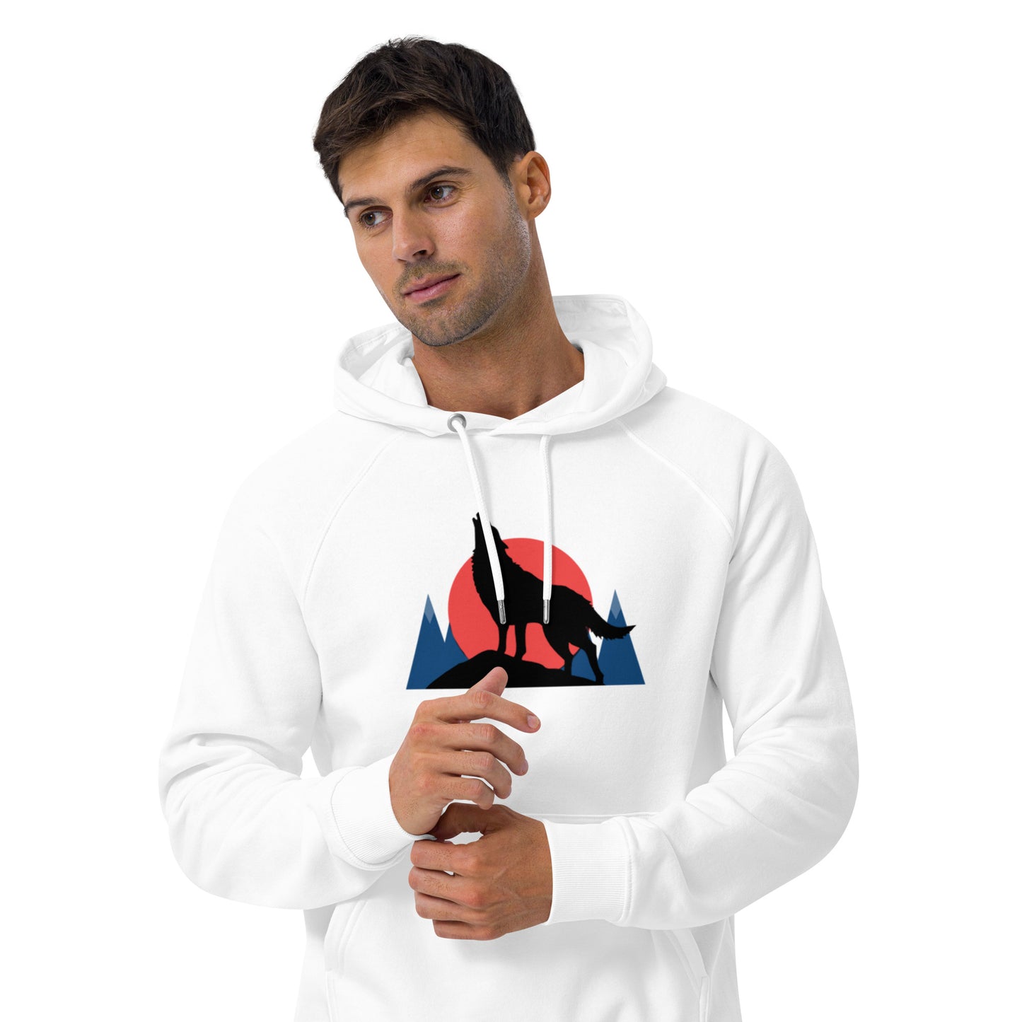 Ronas Design Sunset Wolf Howl Hoodie Front View on Men Model in White