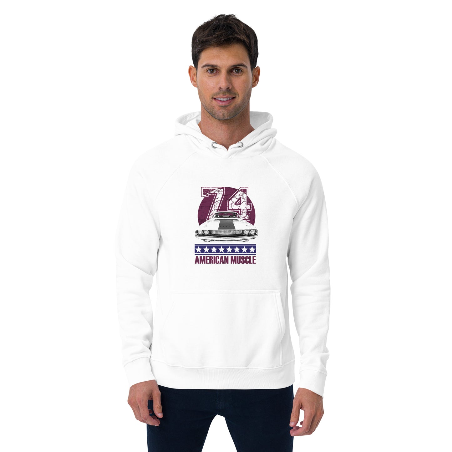 Ronas Design American Muscle Hoodie Front View on Men Model in White
