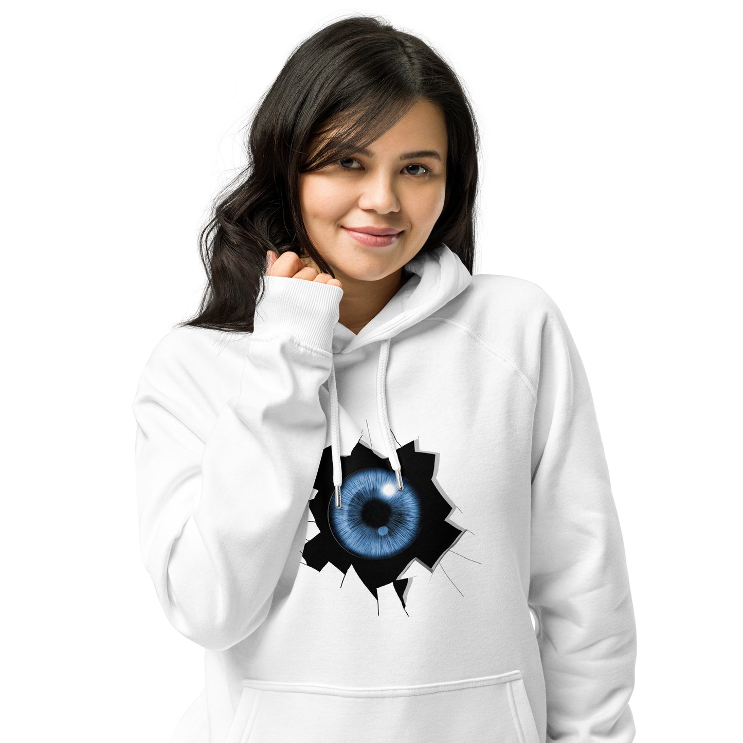 Ronas Design Cracked Reality Eye Hoodie Front View on Women Model in White