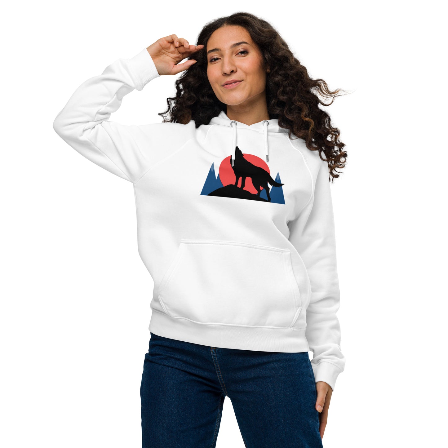 Ronas Design Sunset Wolf Howl Hoodie Front View on Women Model in White
