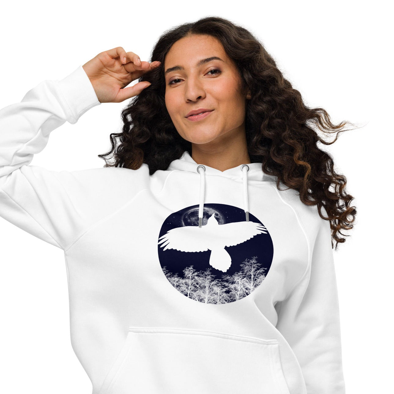 Ronas Design Midnight Moon Hoodie Front View on Women Model in White