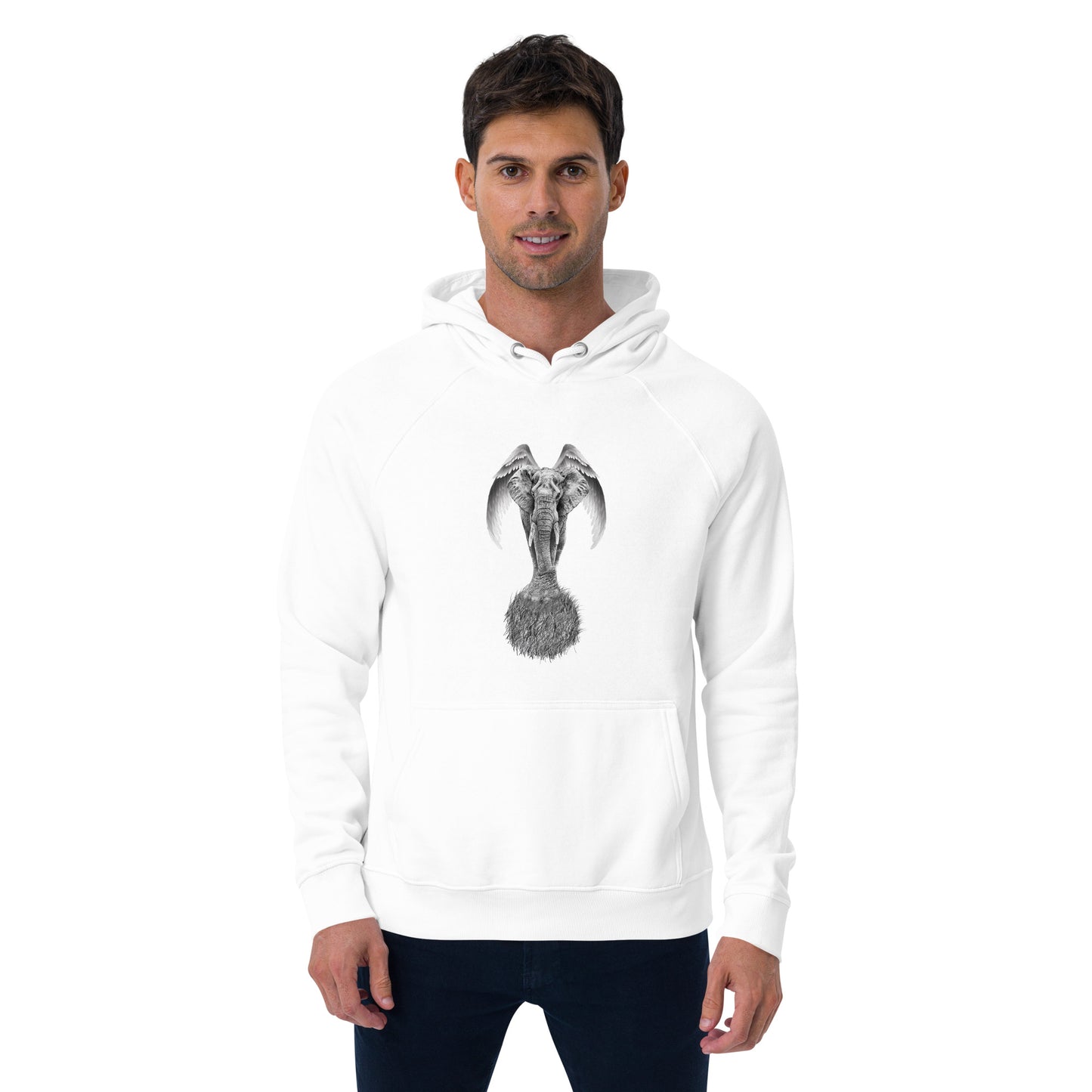 Ronas Design Elephant Ascend Hoodie Front View on Men Model in White
