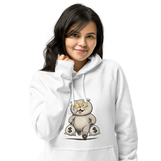 Ronas Design Money Cat Hoodie Front View on Women Model in White
