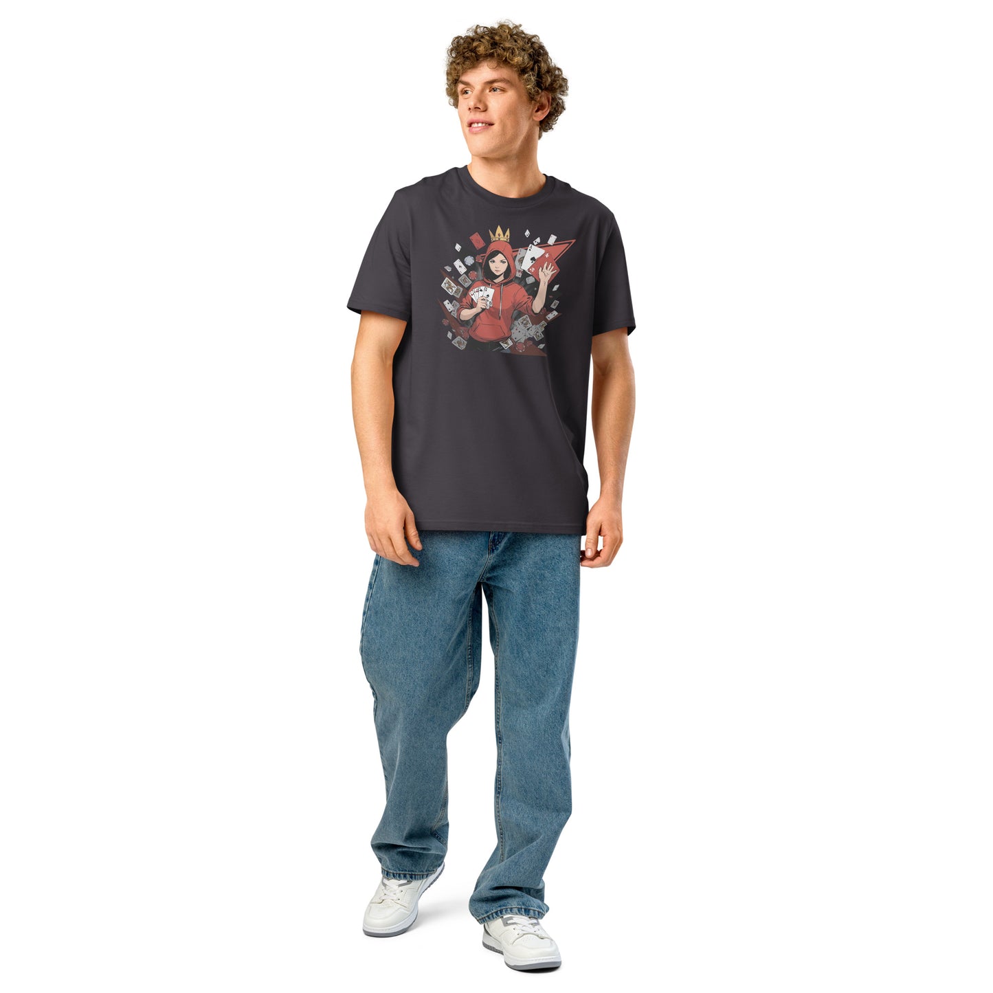 Ronas Design Card Queen T-Shirt Front View on Men Model in Anthracite
