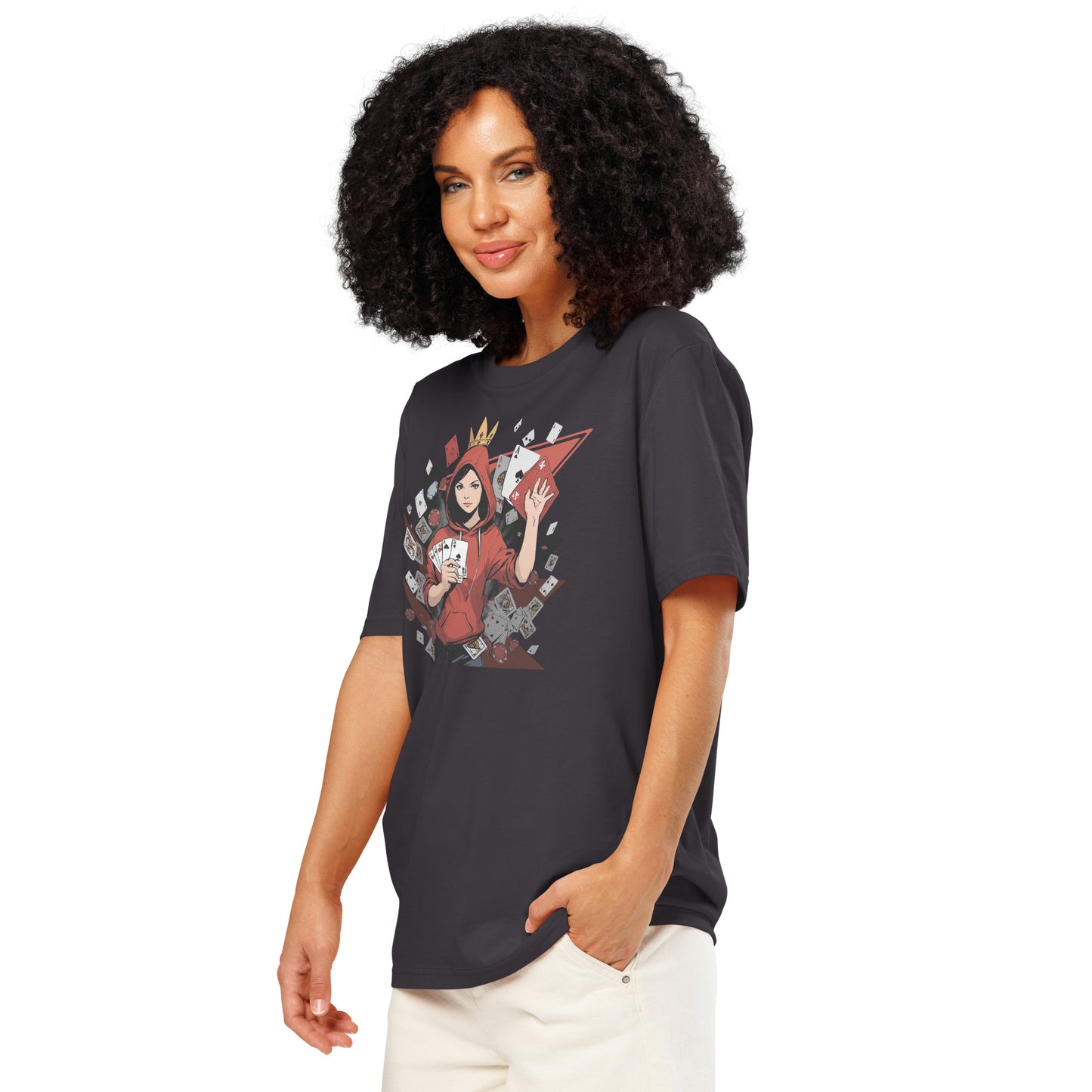 Ronas Design Card Queen T-Shirt Front View on Women Model in Anthracite