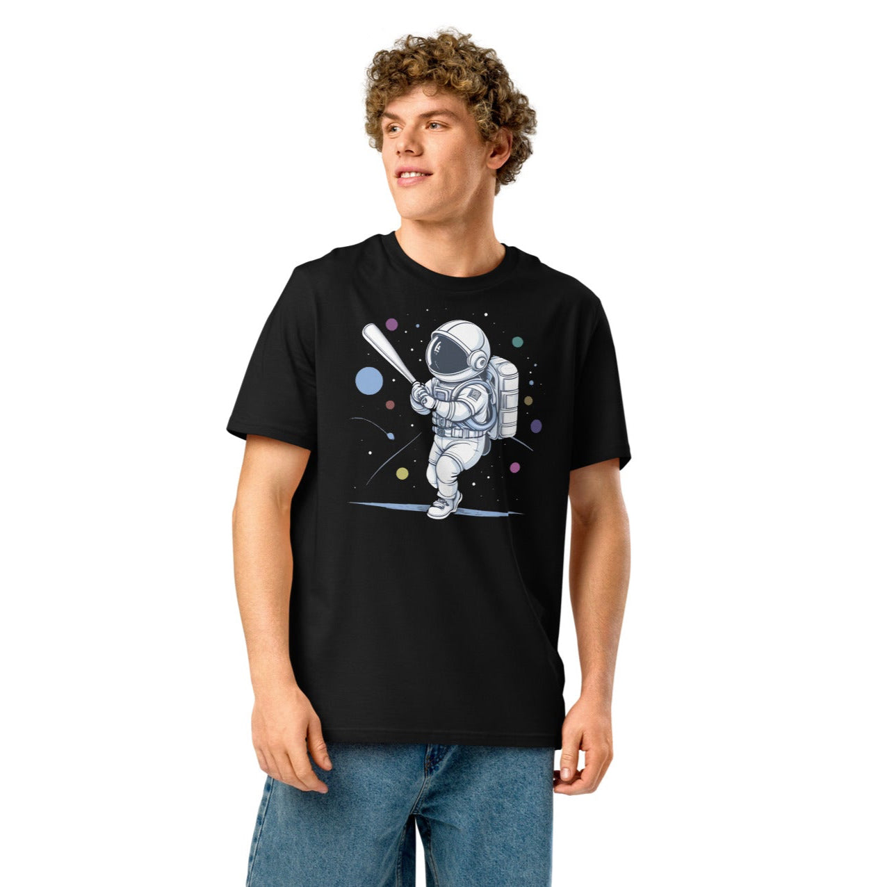 Ronas Design Astronaut Swing T-Shirt Front View on Men Model in Black