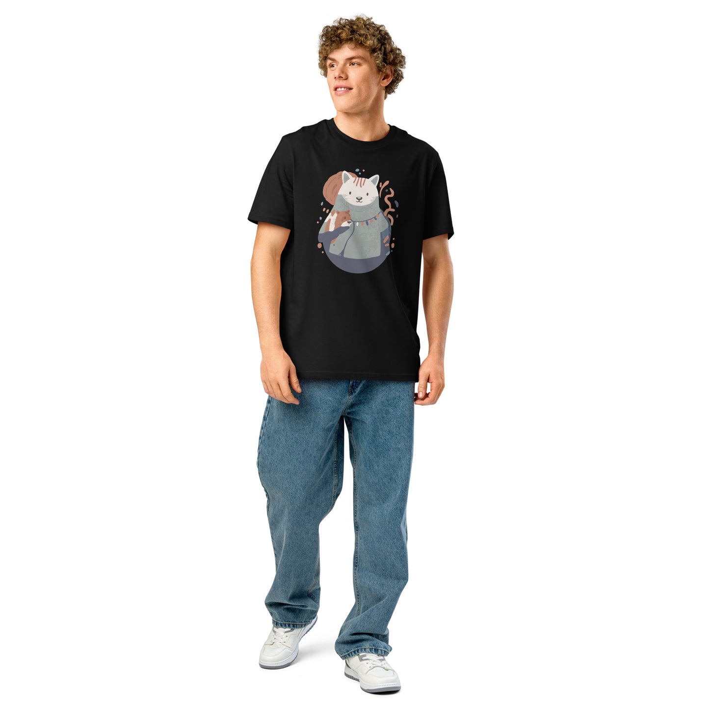 Ronas Design Cozy Cat T-Shirt Front View on Men Model in Black