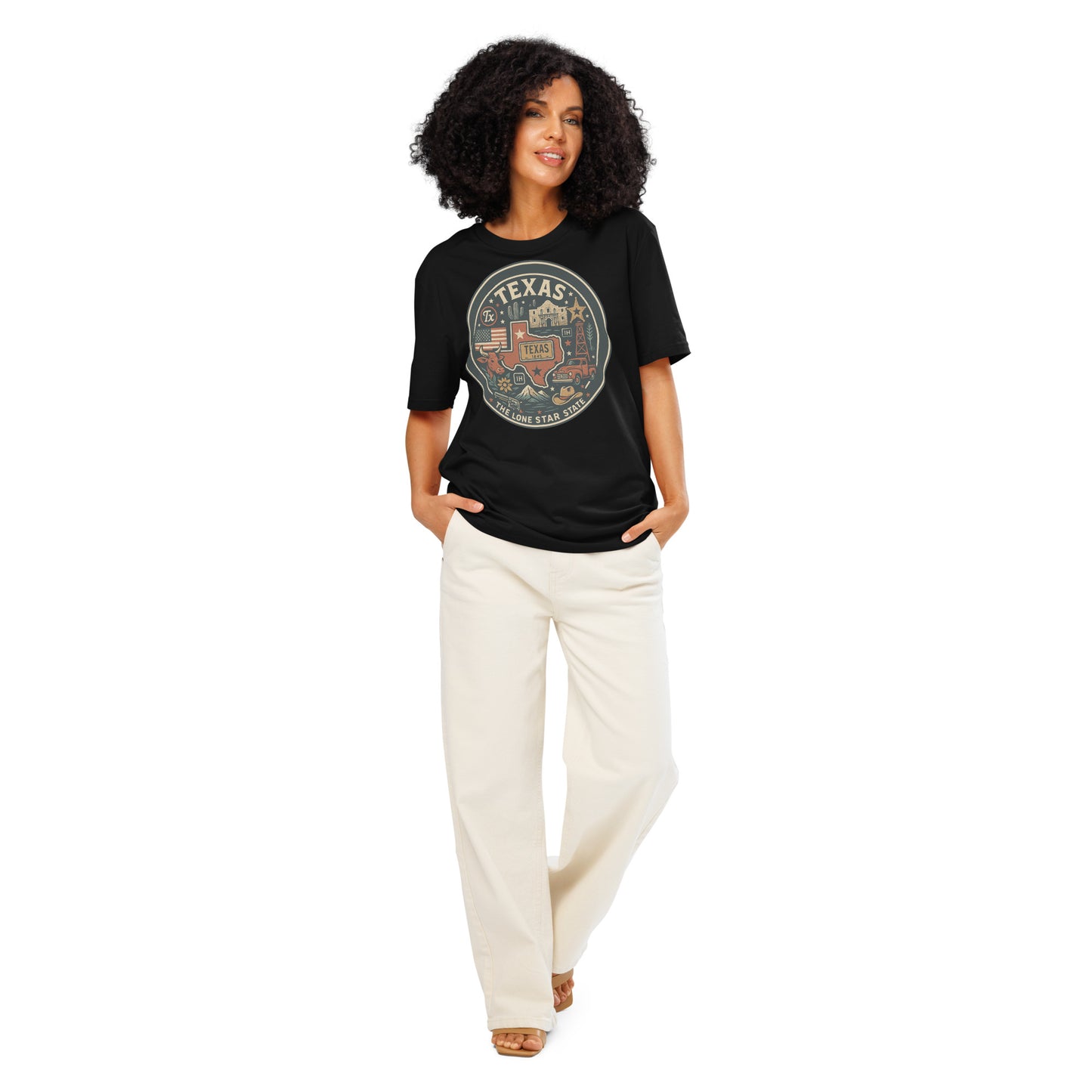 Ronas Design Texas Pride T-Shirt Front View on Women Model in Black