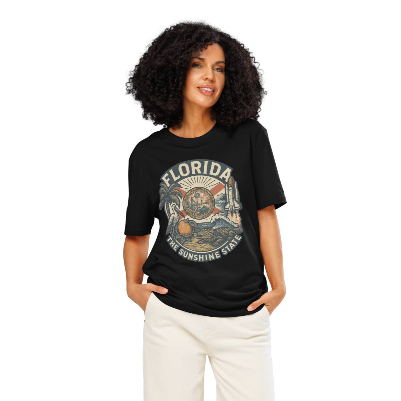 Ronas Design Florida Vibes T-Shirt Front View on Women Model in Black