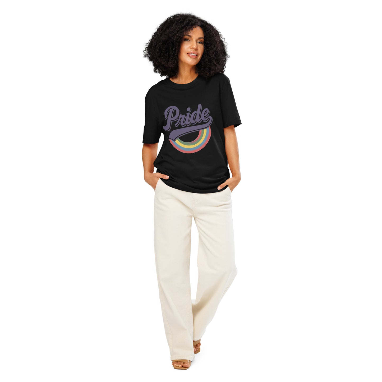 Ronas Design Rainbow Pride T-Shirt Front View on Women Model in Black