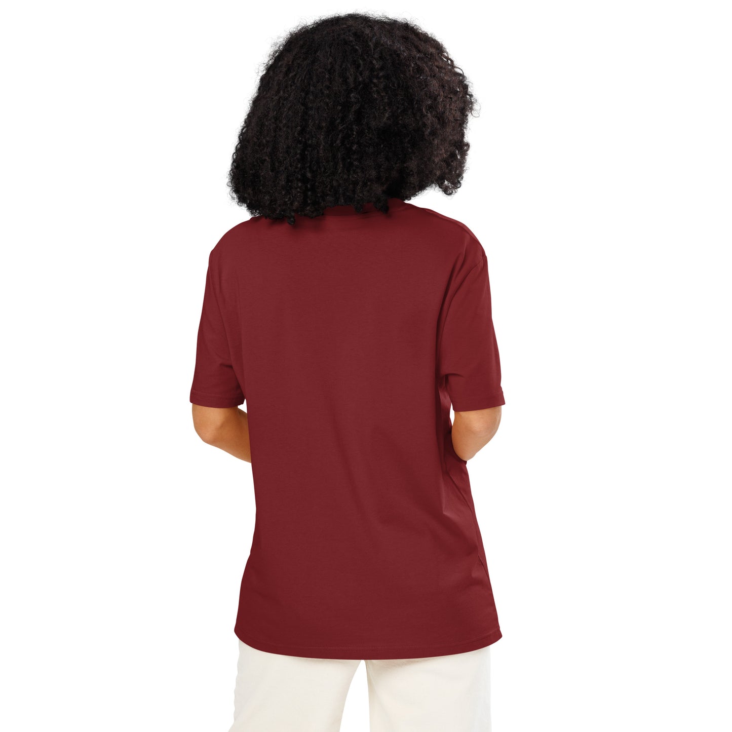 Ronas Design Cozy Cat T-Shirt Back View on Women Model in Burgundy