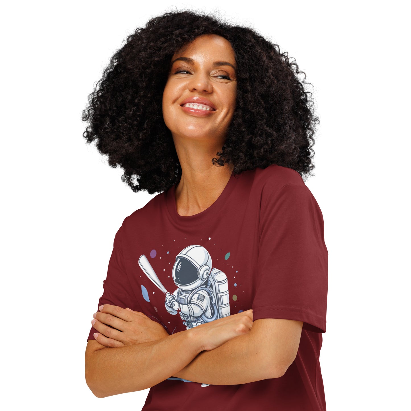 Ronas Design Astronaut Swing T-Shirt Front View on Women Model in Burgundy