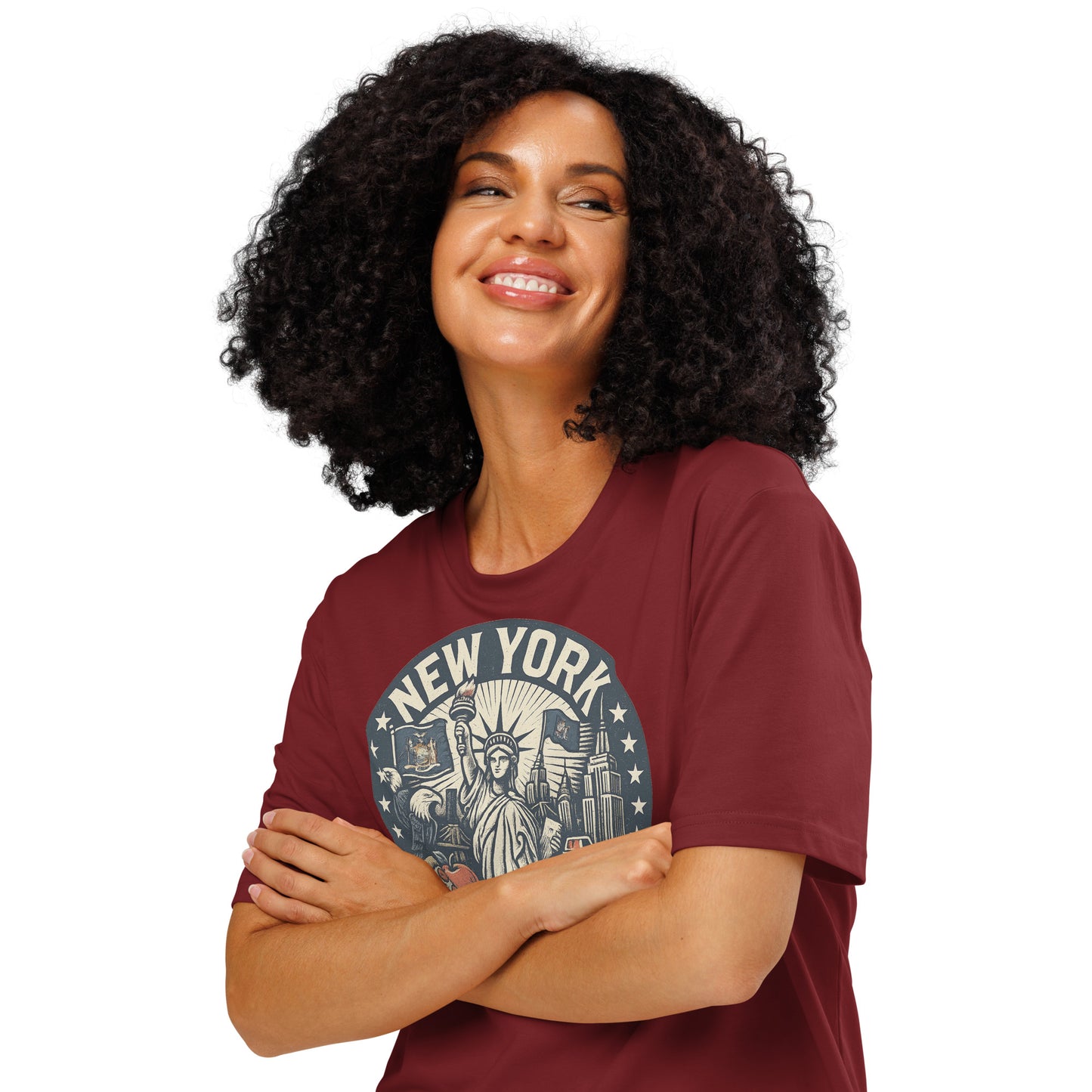 Ronas Design New York T-Shirt Front View on Women Model in Burgundy