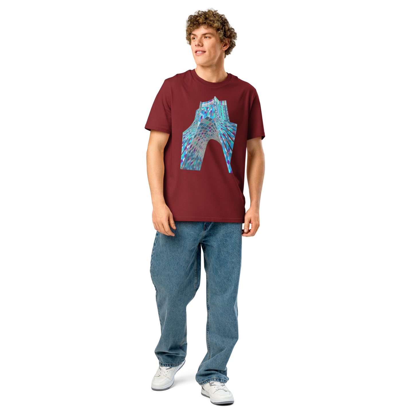 Ronas Design Shahyad Tower T-Shirt Front View on Men Model in Burgundy