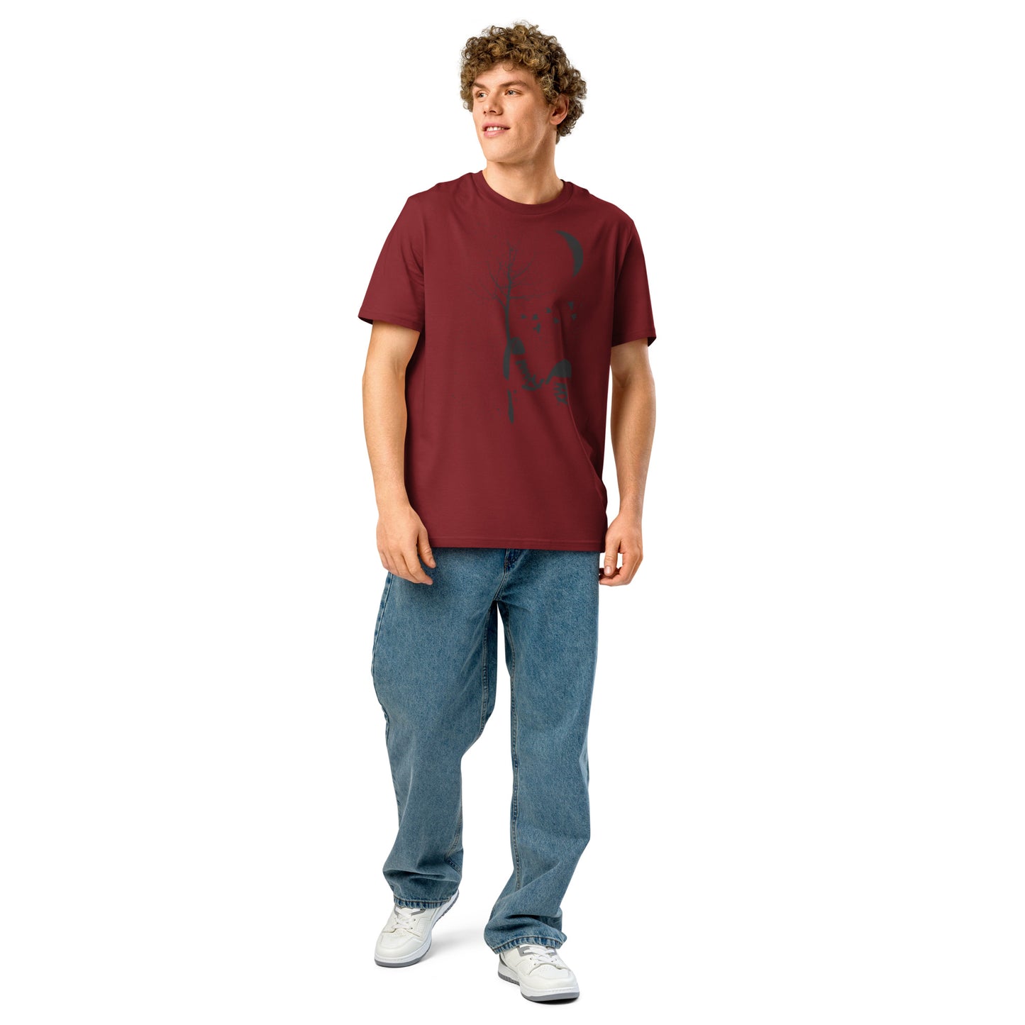 Product mockupRonas Design Autumn T-Shirt Front View on Men Model in Burgundy