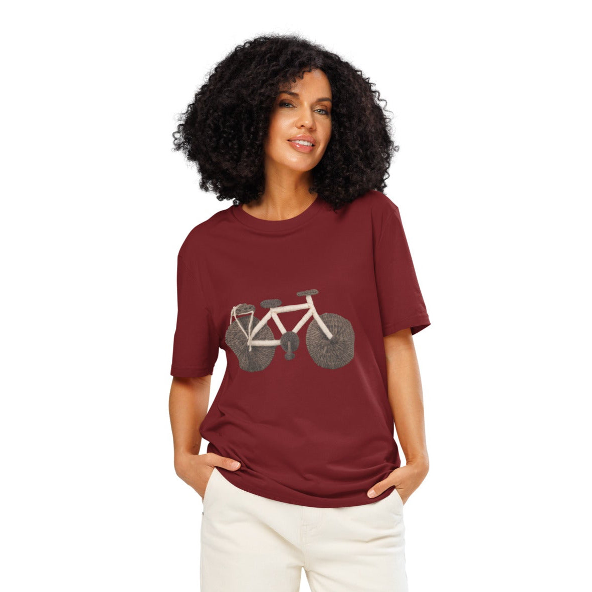 Ronas Design Handcrafted Yarn Bicycle T-Shirt Front View on Women Model in Burgundy