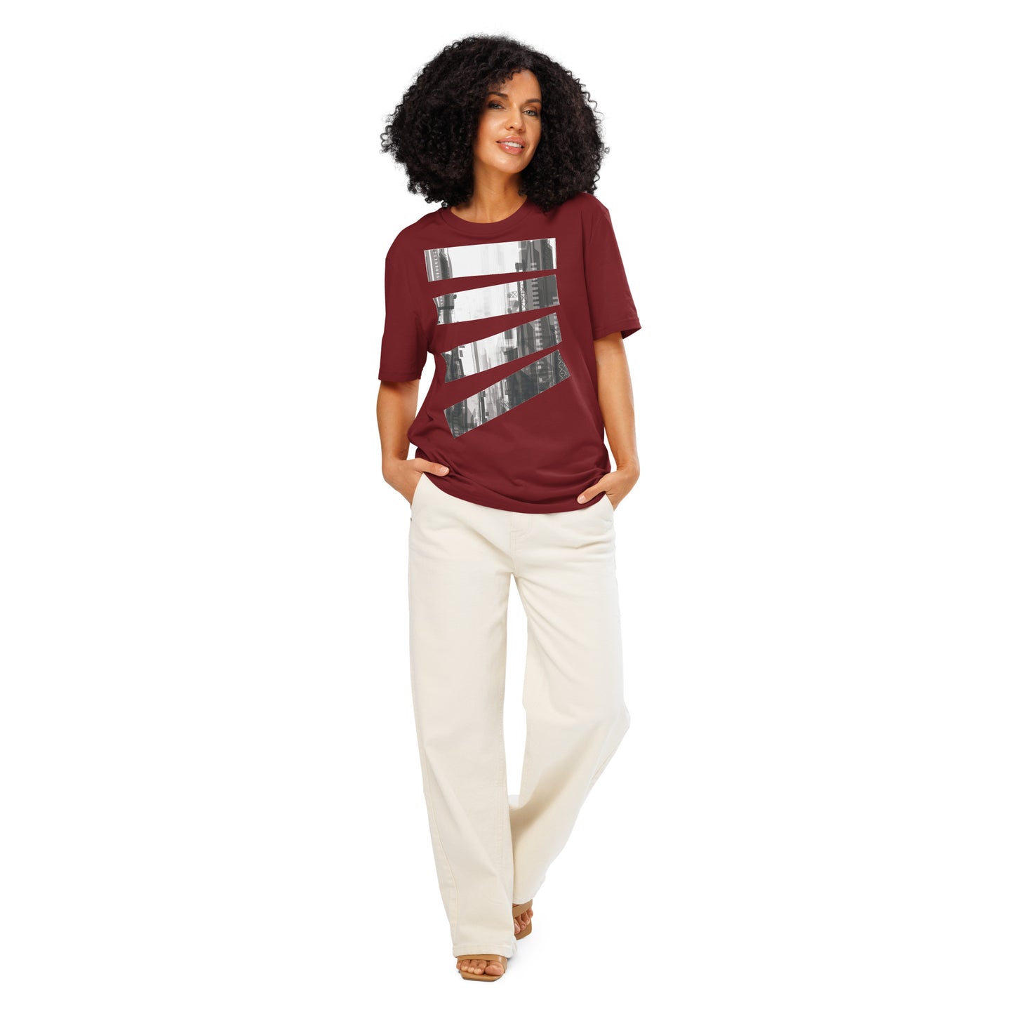 Ronas Design Fragmented Skyline T-Shirt Front View on Women Model in Burgundy