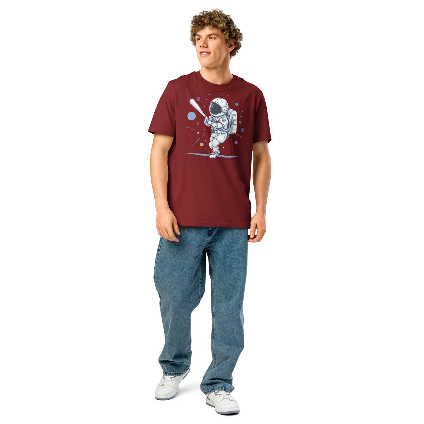 Ronas Design Astronaut Swing T-Shirt Front View on Men Model in Burgundy