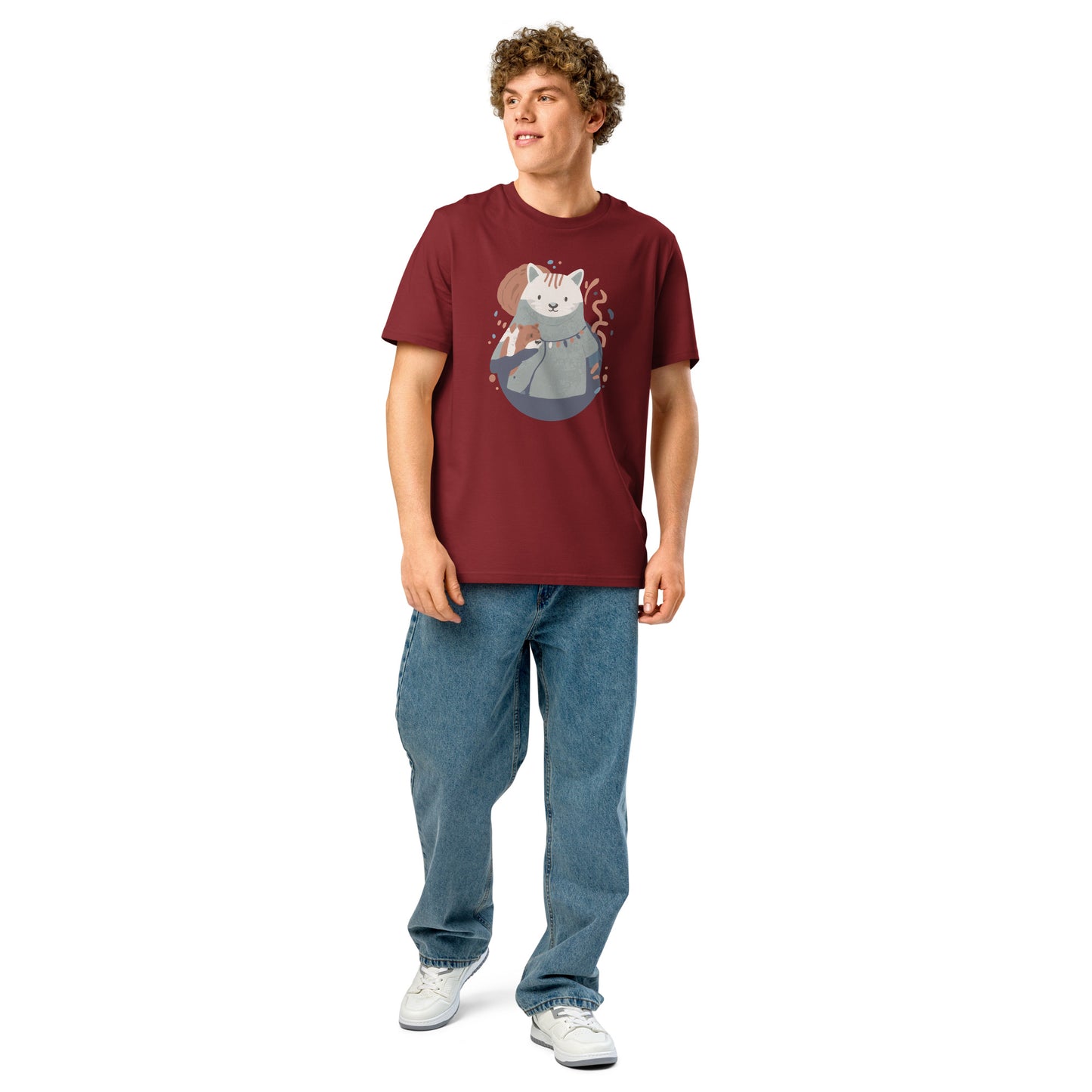 Ronas Design Cozy Cat T-Shirt Front View on Men Model in Burgundy
