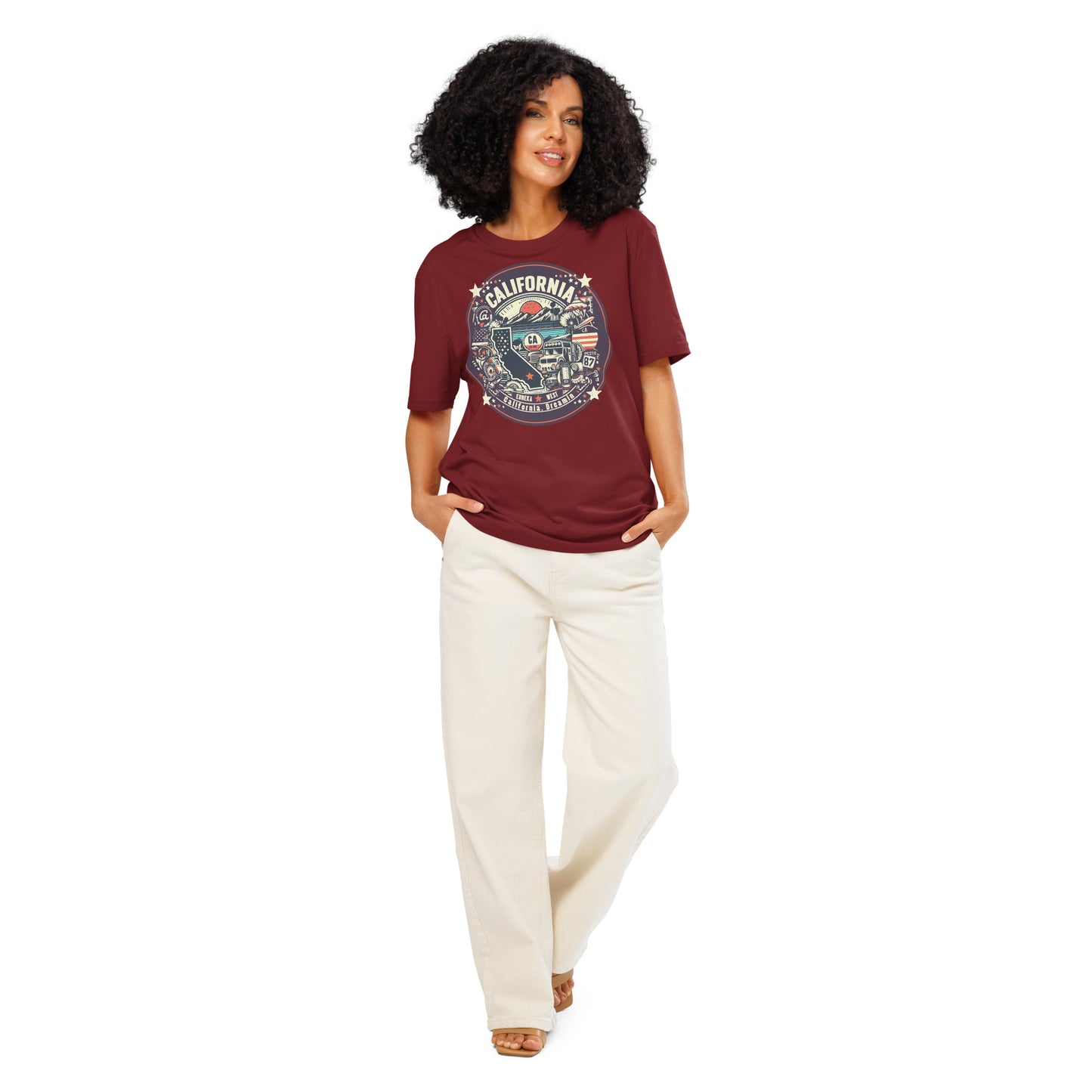 Ronas Design California Dreamin T-Shirt Front View on Women Model in Burgundy