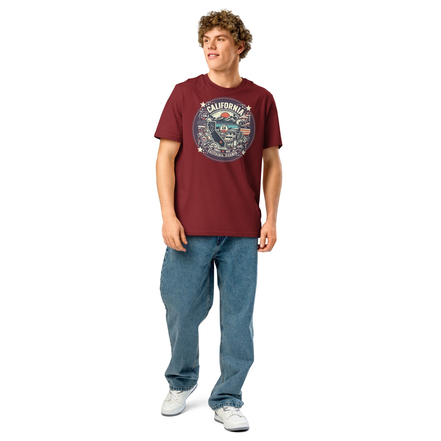 Ronas Design California Dreamin T-Shirt Front View on Men Model in Burgundy