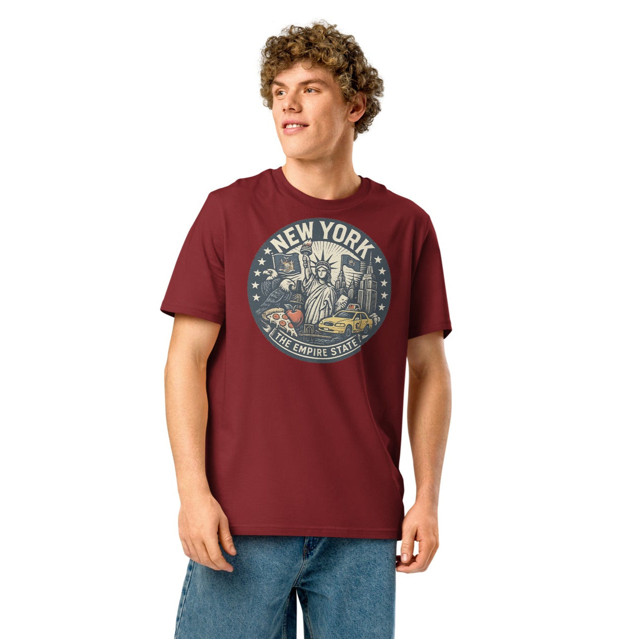 Ronas Design New York T-Shirt Front View on Men Model in Burgundy