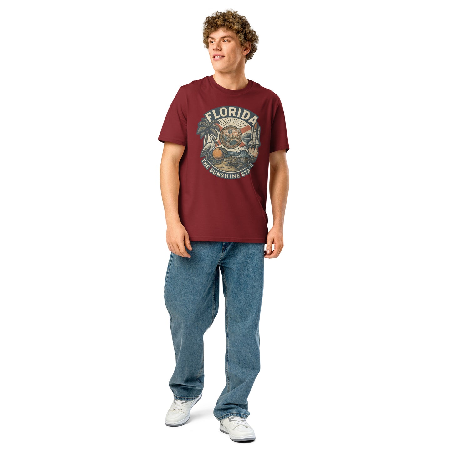 Ronas Design Florida Vibes T-Shirt Front View on Men Model in Burgundy