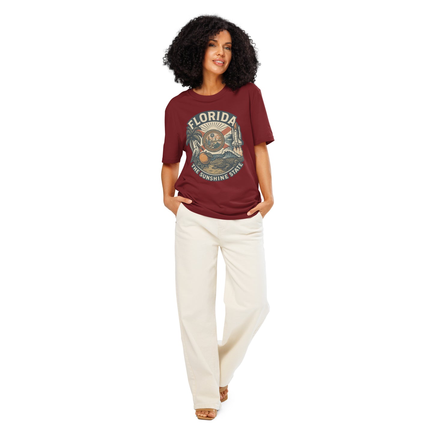 Ronas Design Florida Vibes T-Shirt Front View on Women Model in Burgundy