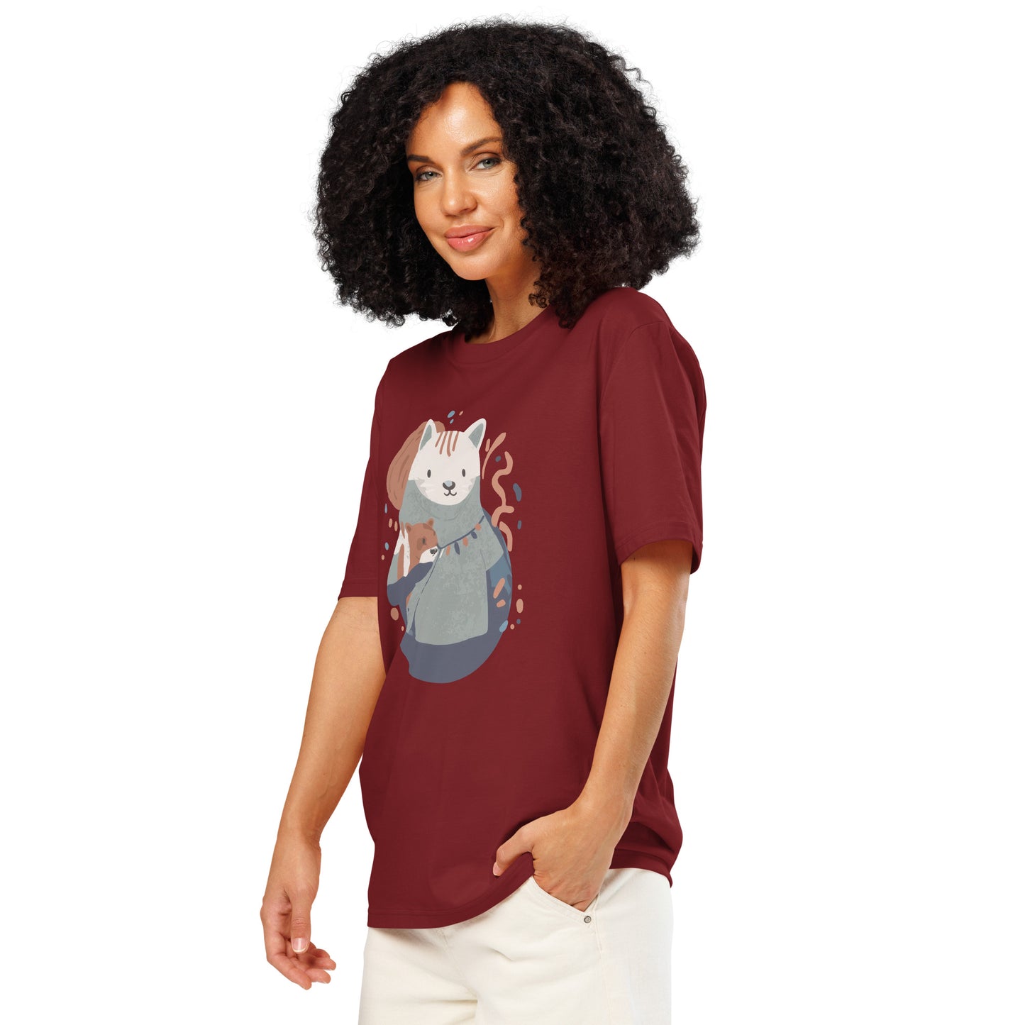 Ronas Design Cozy Cat T-Shirt Front View on Women Model in Burgundy