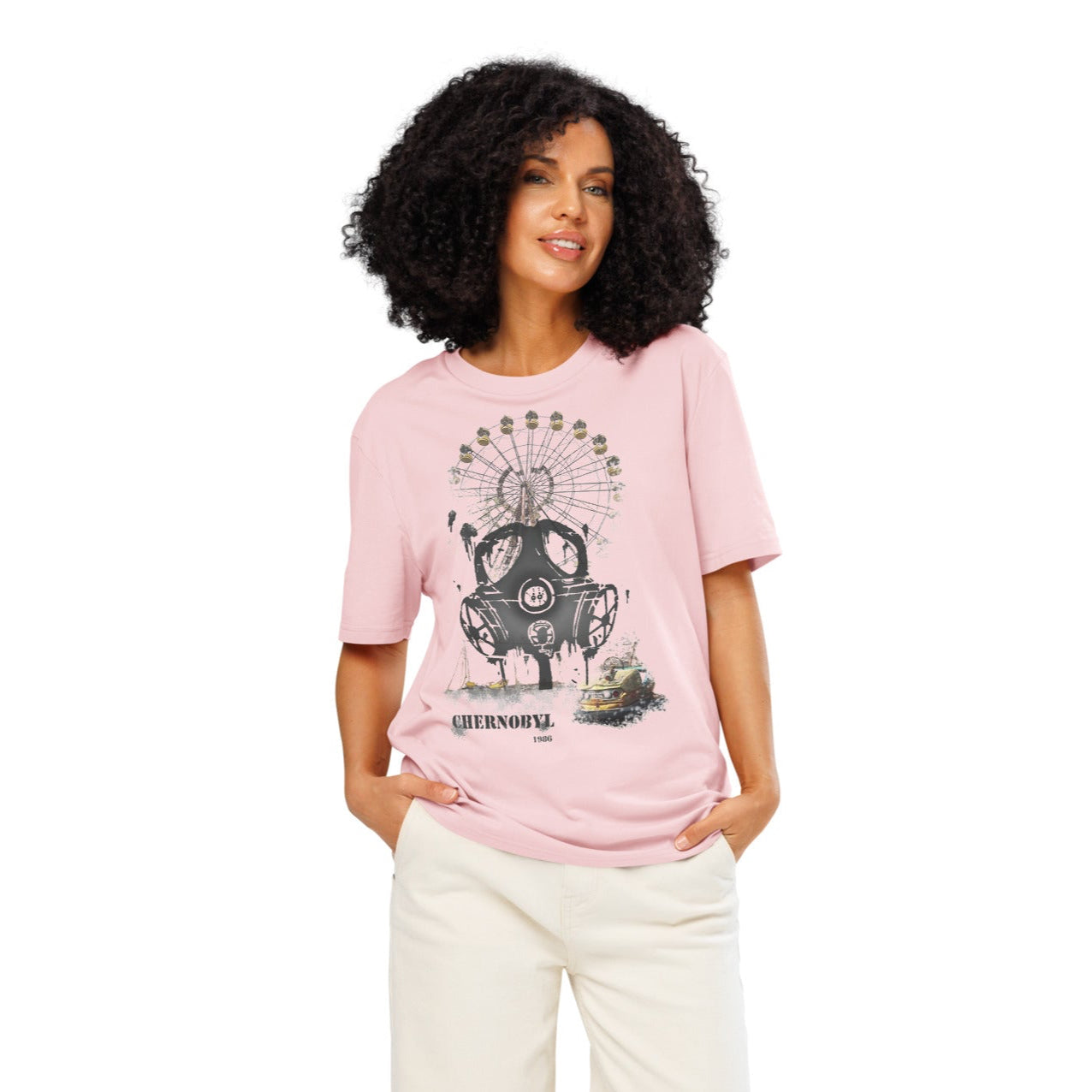 Ronas Design Chernobyl 1986 T-Shirt Front View on Men Model in Cotton Pink
