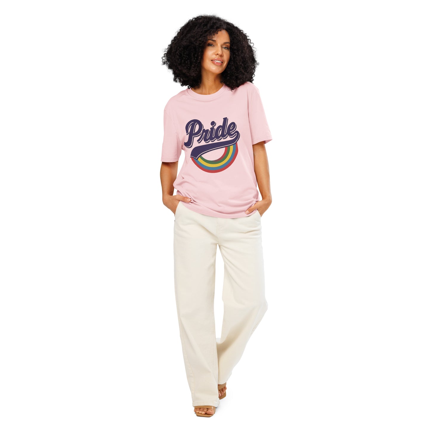 Ronas Design Rainbow Pride T-Shirt Front View on Women Model in Pink