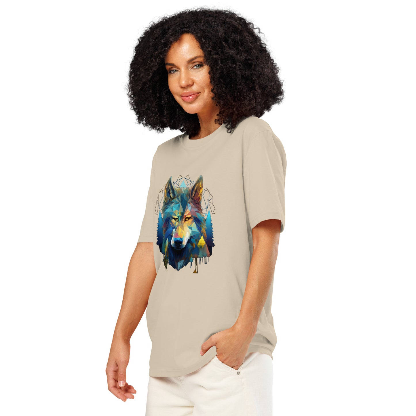 Ronas Design Geometric Forest Wolf T-Shirt Side View on Women Model in Desert Dust
