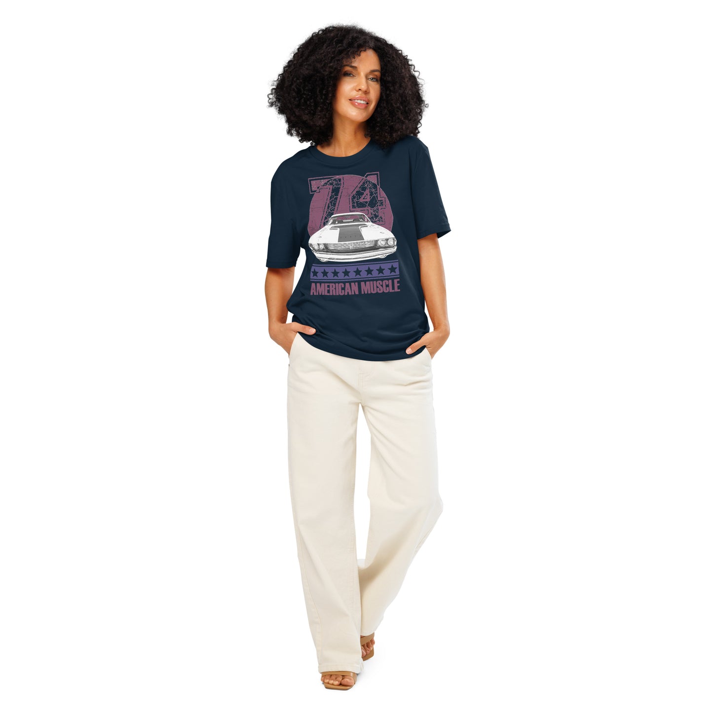Ronas Design American Muscle T-Shirt Front View on Women Model in French Navy