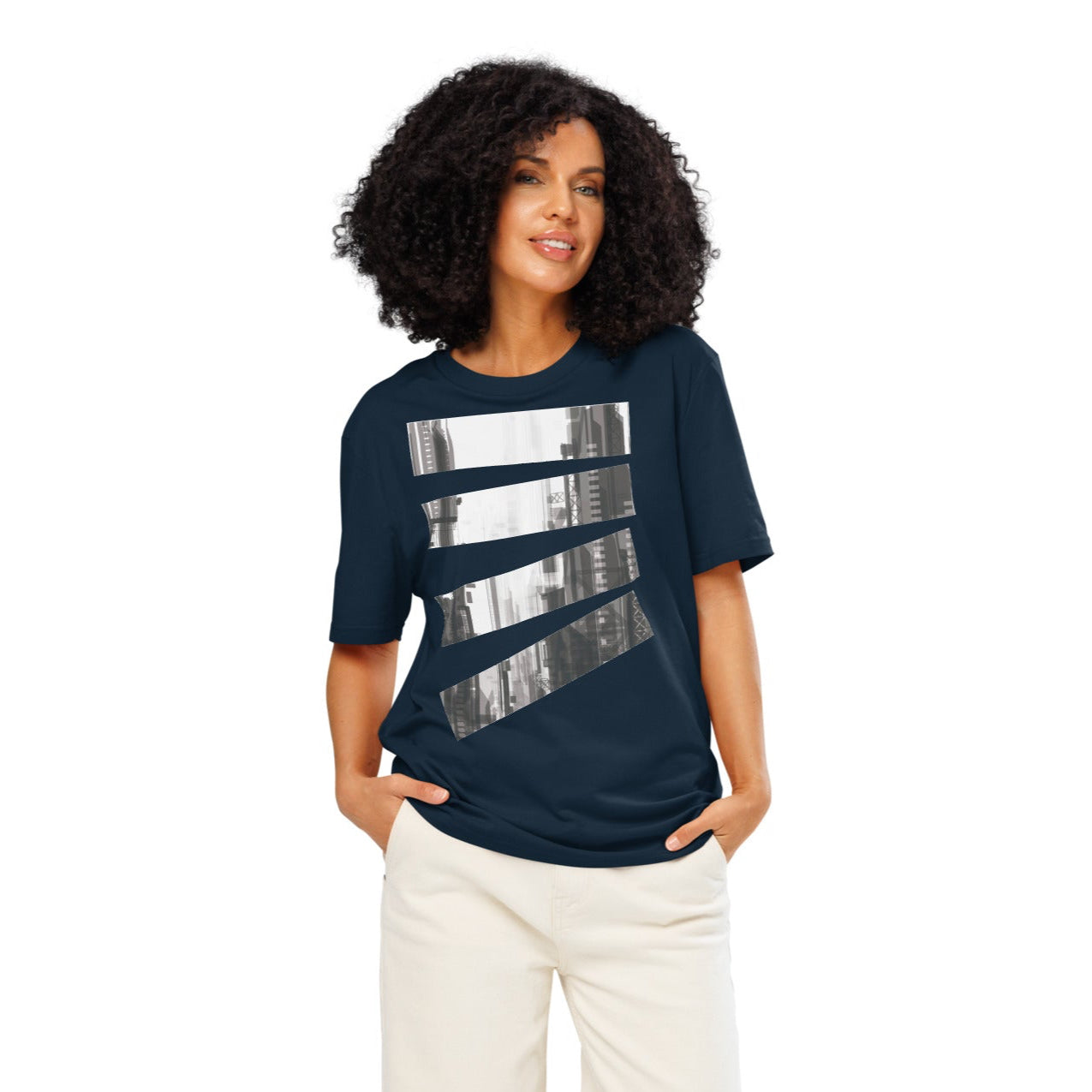Ronas Design Fragmented Skyline T-Shirt Front View on Women Model in French Navy