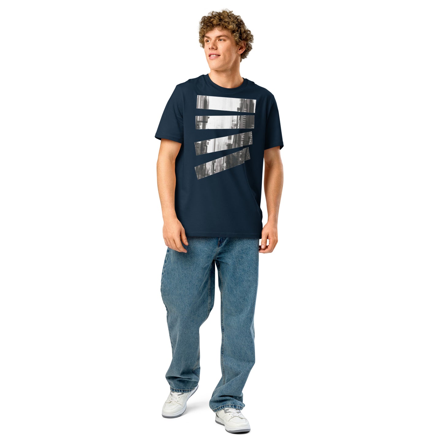 Ronas Design Fragmented Skyline T-Shirt Front View on Men Model in French Navy