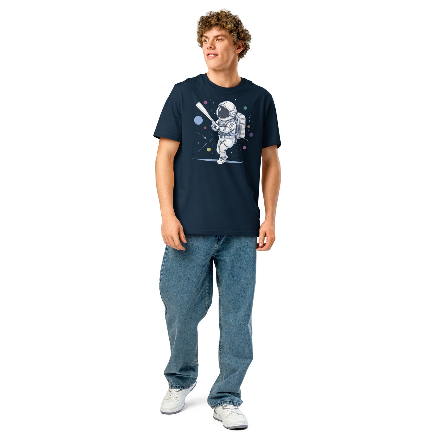 Ronas Design Astronaut Swing T-Shirt Front View on Men Model in French Navy