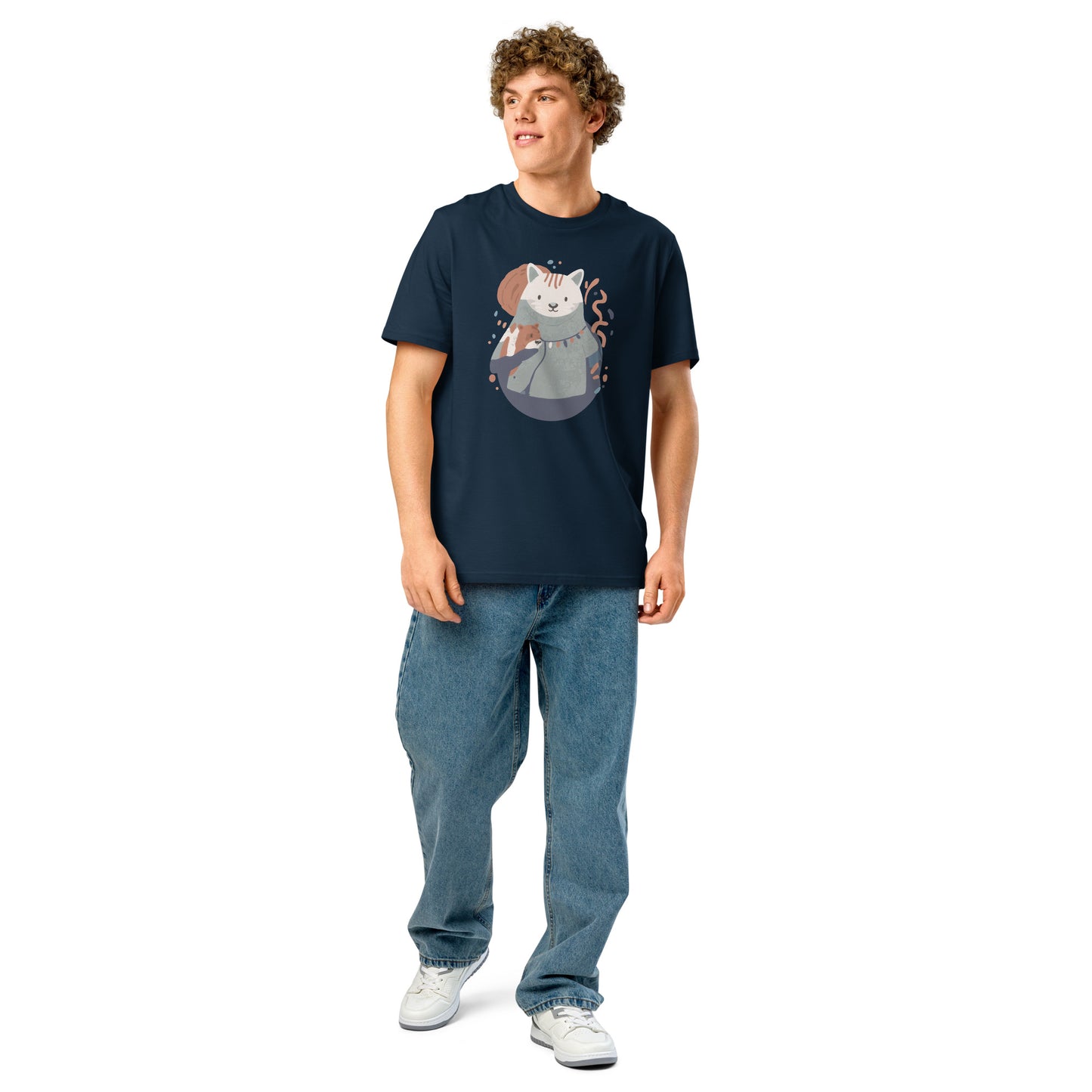 Ronas Design Cozy Cat T-Shirt Front View on Men Model in French Navy