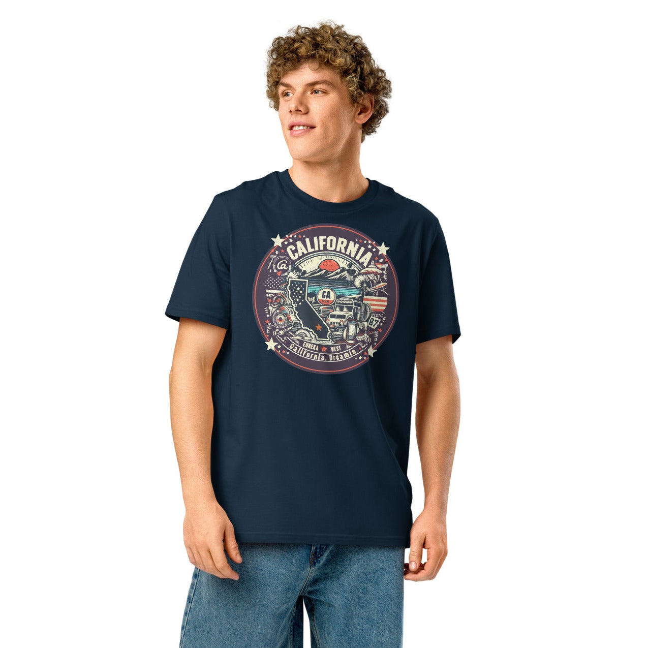 Ronas Design California Dreamin T-Shirt Front View on Men Model in French Navy