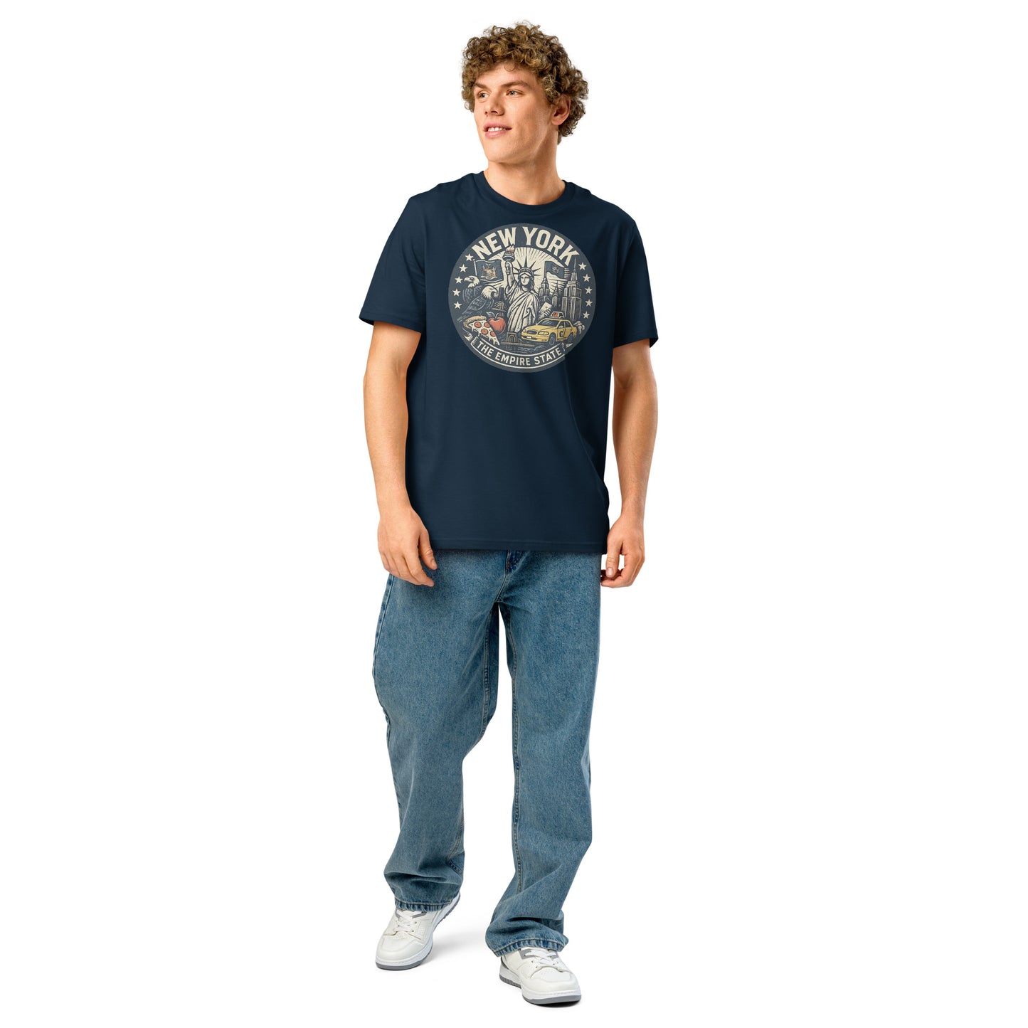 Ronas Design New York T-Shirt Front View on Men Model in French Navy