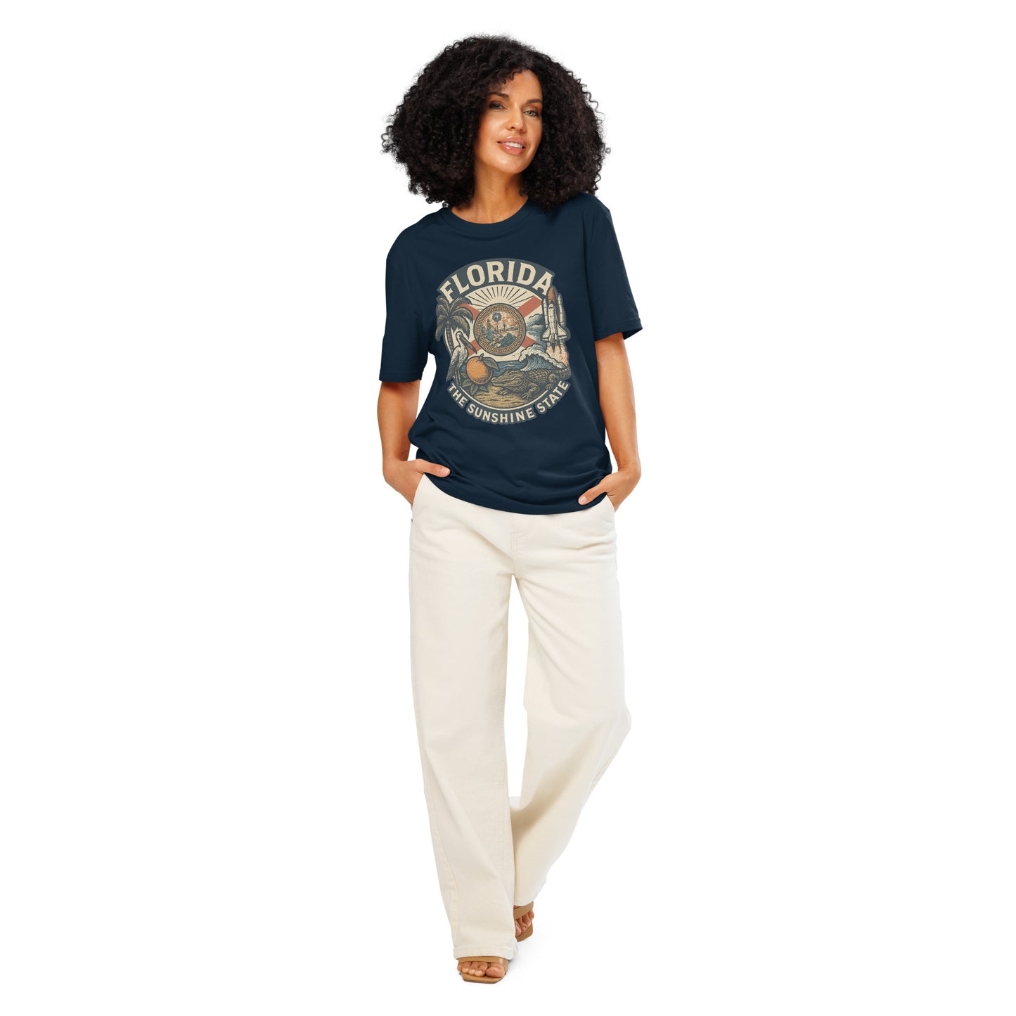 Ronas Design Florida Vibes T-Shirt Front View on Women Model in French Navy