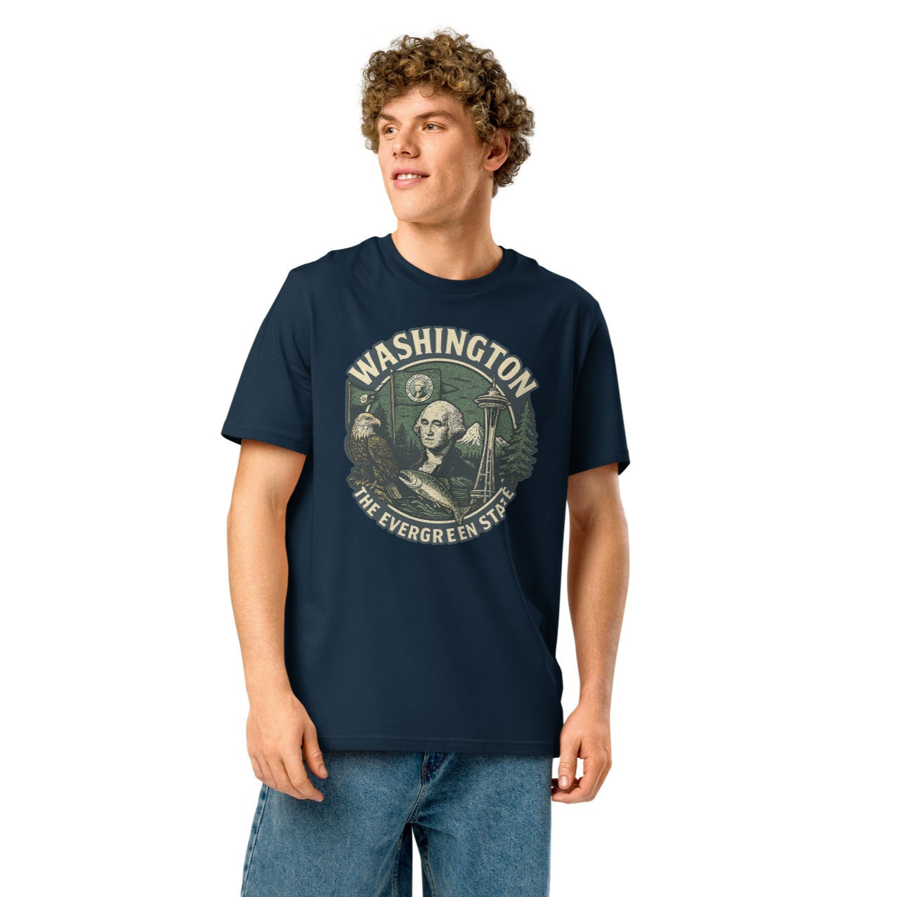 Ronas Design Evergreen T-Shirt Front View on Men Model in French Navy