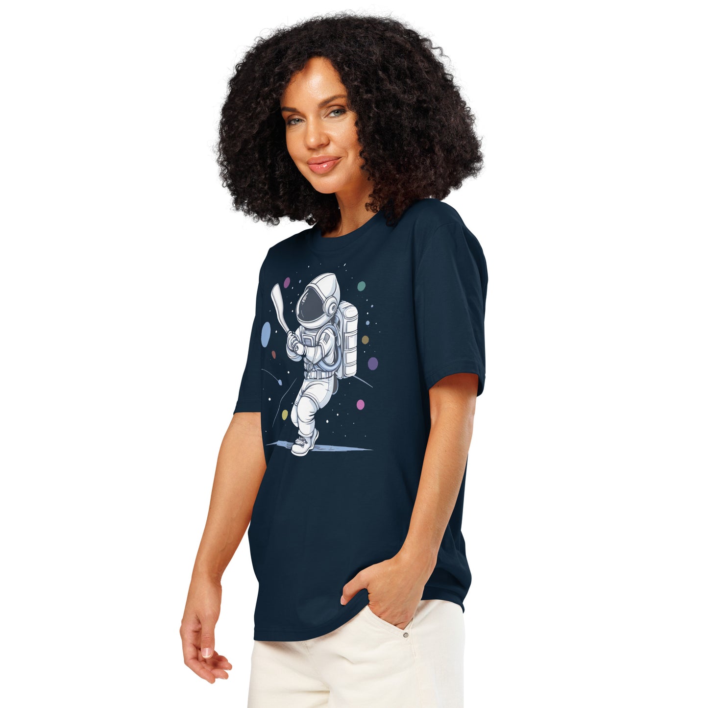 Ronas Design Astronaut Swing T-Shirt Front View on Women Model in French Navy