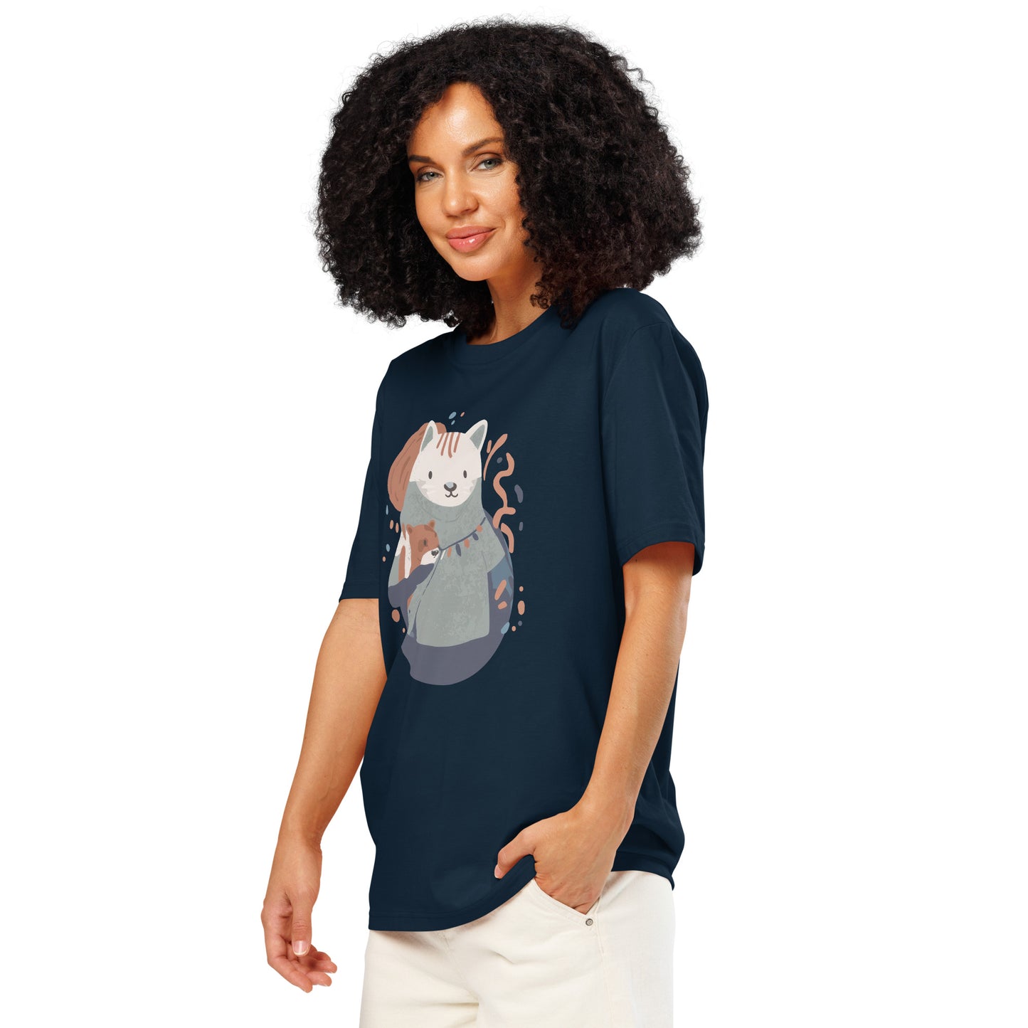 Ronas Design Cozy Cat T-Shirt Front View on Women Model in French Navy