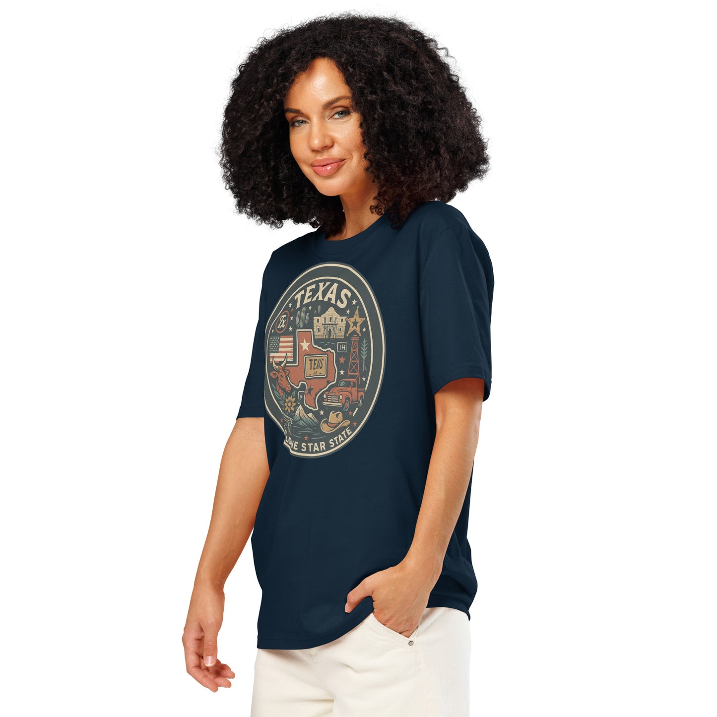 Ronas Design Texas Pride T-Shirt Front View on Women Model in French Navy