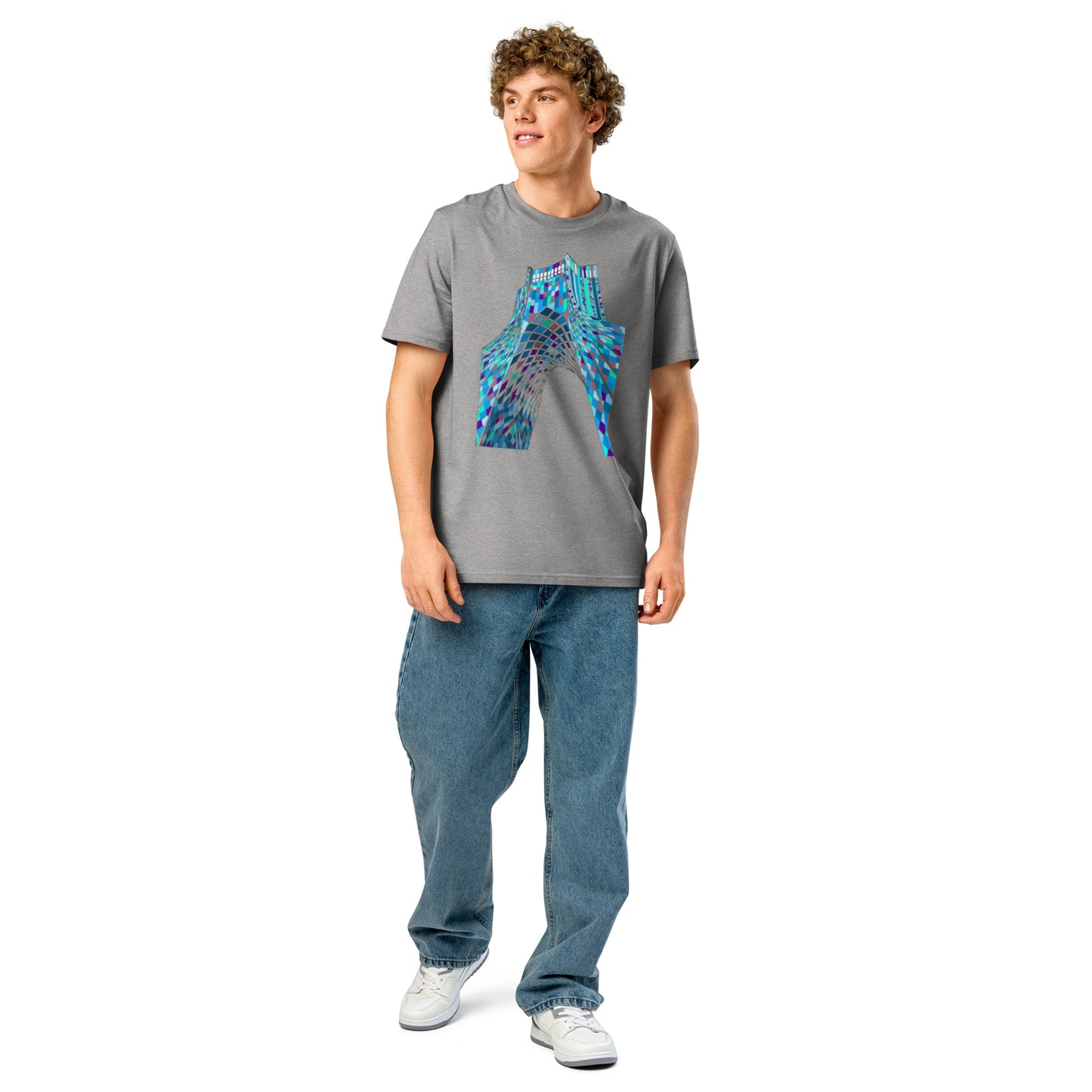 Ronas Design Shahyad Tower T-Shirt Front View on Men Model in Heather Grey
