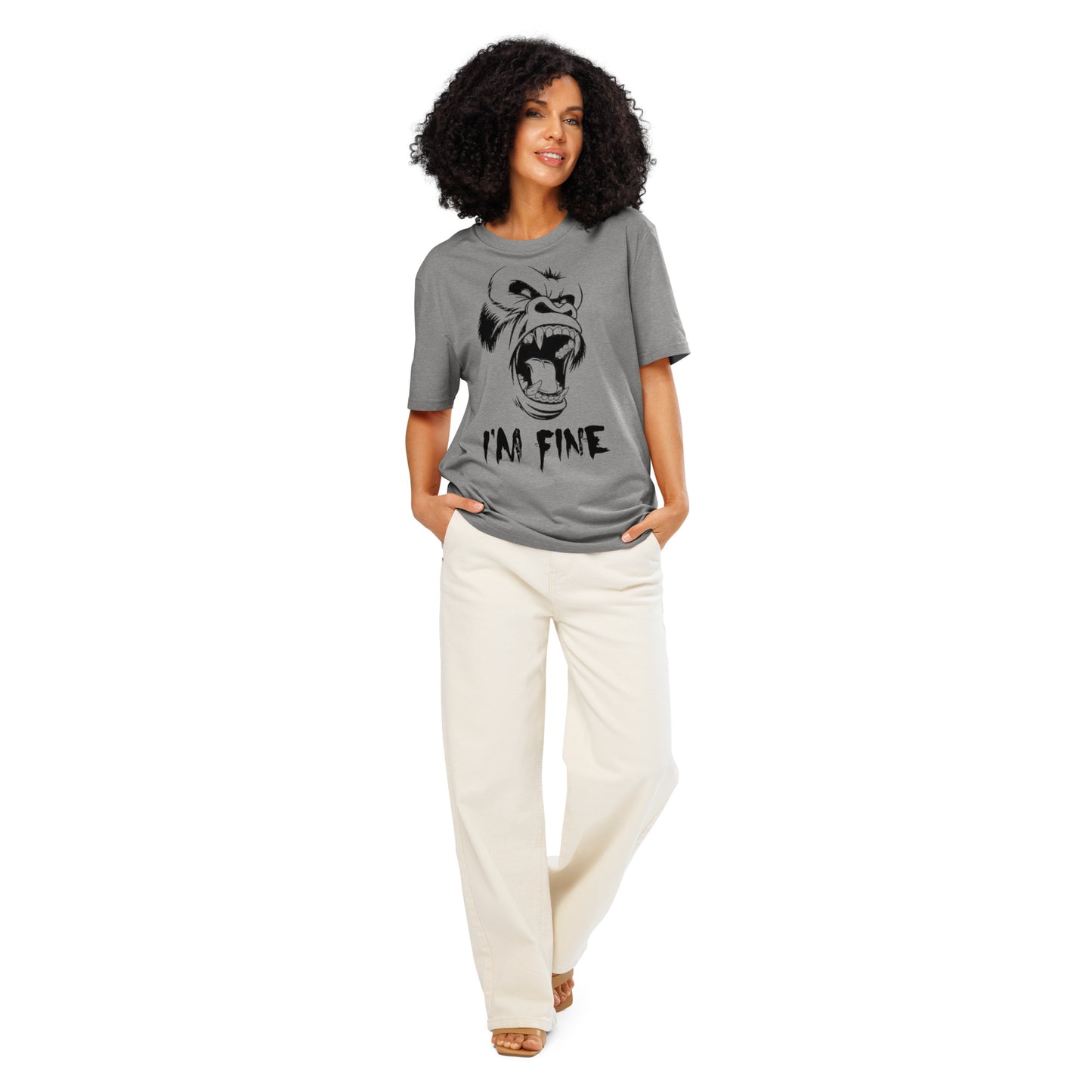 Ronas Design I'm Fine T-Shirt Front View on Women Model in Heather Grey