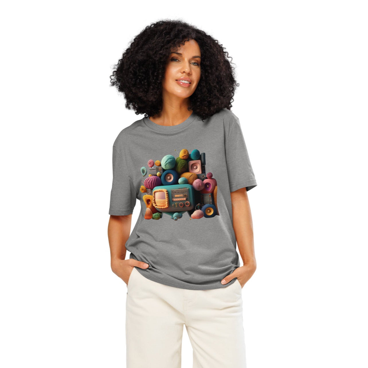 Ronas Design Retro Yarn Radio T-Shirt Front View on Women Model in Heather Gray