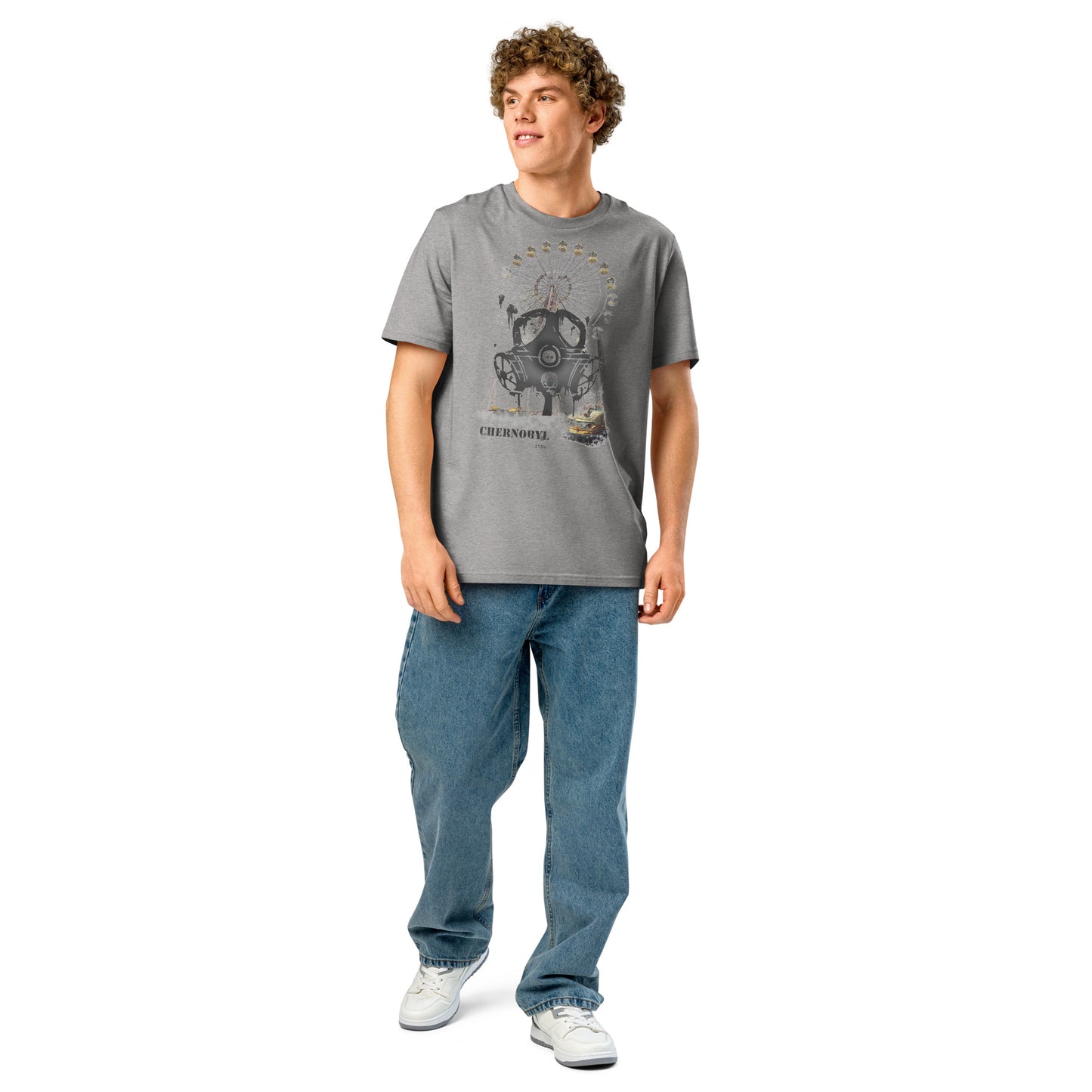 Ronas Design Chernobyl 1986 T-Shirt Front View on Men Model in Heather Grey