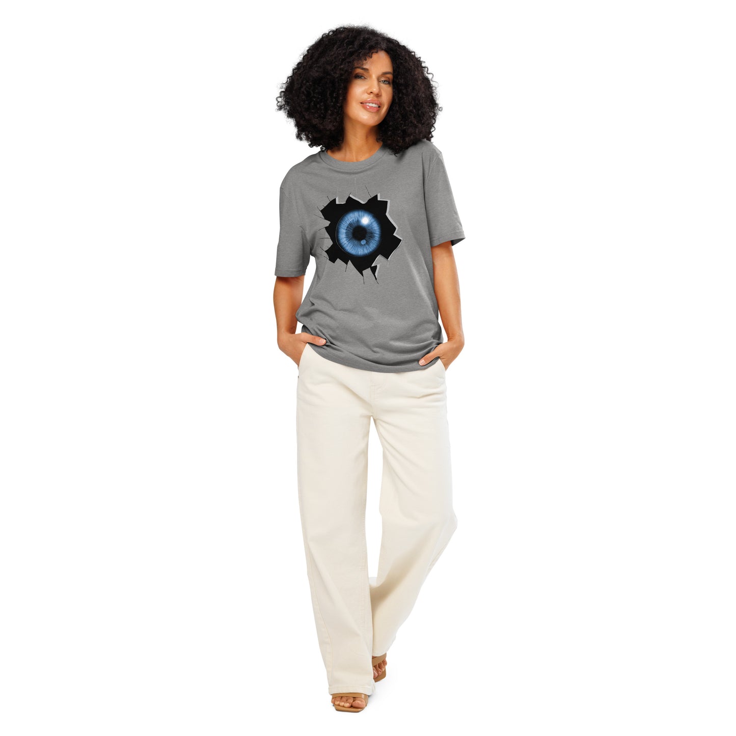 Ronas Design Cracked Reality Eye T-Shirt Front View on Women Model in Heather Grey
