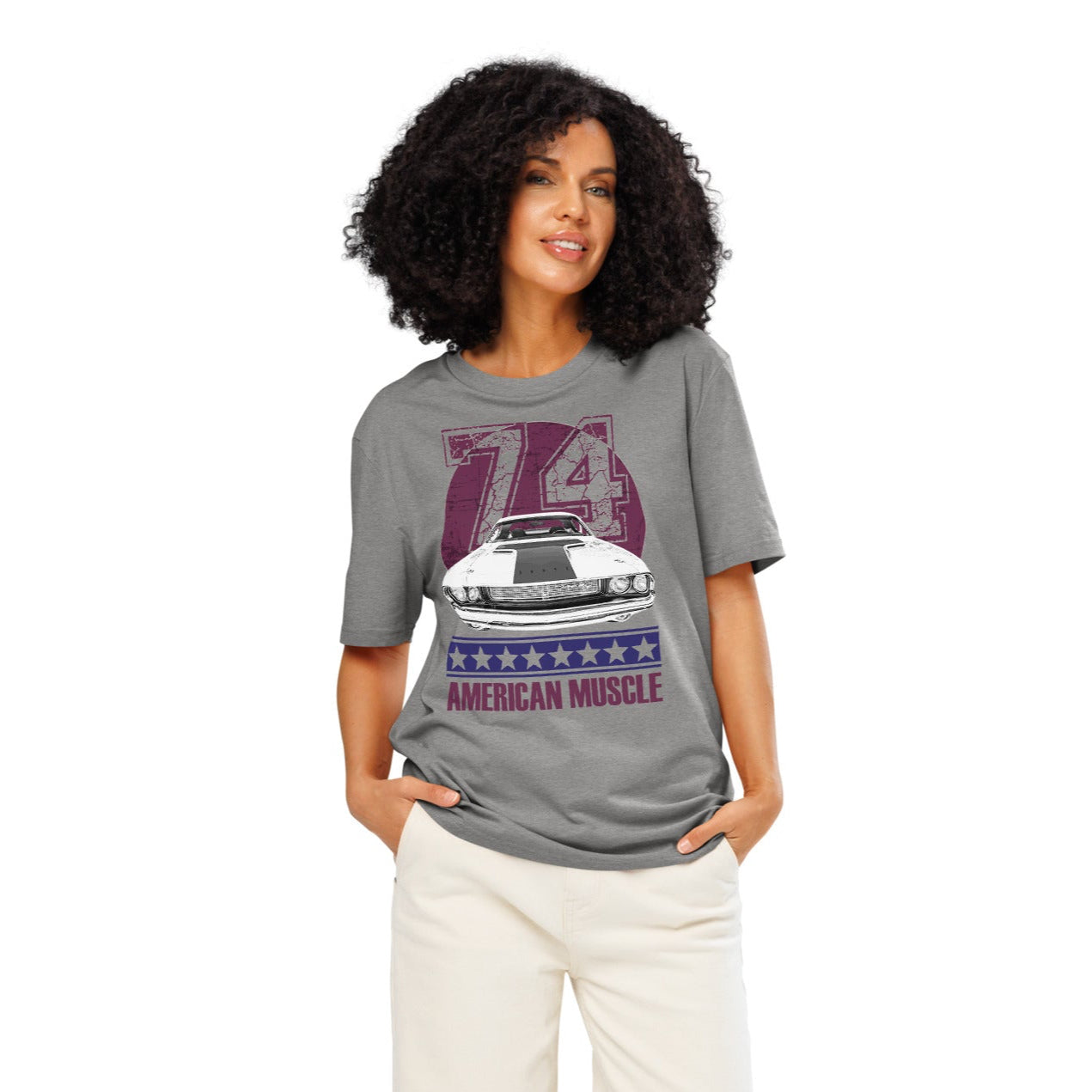 Ronas Design American Muscle T-Shirt Front View on Women Model in Heather Grey